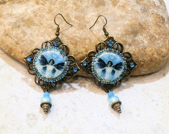 retro art deco portrait earrings, romantic boho, brass and wood prints, very light earrings, blue