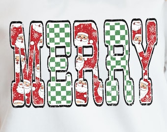 Merry Christmas PNG, Santa Checkerboard Red Green Sublimation, Cute Holiday Shirt Design, Retro Xmas PNG, Christmas Word Art