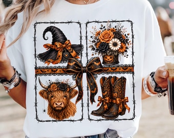 Highland cow halloween png, Coquette Western Halloween PNG, witchy halloween highland cow, sublimation design, digital download