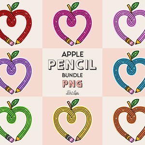 Pu&ograve; includere: Un set di sei immagini clipart digitali di matite a forma di mela in vari colori, tra cui rosso, rosa, viola, blu, verde e arancione. Ogni matita ha la forma di una mela con un'apertura a forma di cuore e dettagli glitterati. Il testo "APPLE PENCIL BUNDLE PNG" &egrave; visualizzato al centro dell'immagine.
