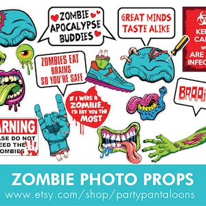 Acessórios para cabine de fotos do Apocalipse Zumbi para imprimir. Acessórios para cabine de fotos DIY rápidos e fáceis para sua próxima festa de Halloween.
