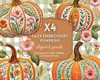 Fausse broderie citrouille PNG, citrouille florale png, fausse broderie, lot png automne, clipart citrouille, conception par sublimation, téléchargement numérique