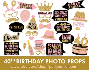 40th Birthday photo booth props, pink gold photography props for birthday, digital download, instant download, photography, birthday party