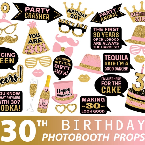 30th Birthday photo booth props, pink gold photography props for birthday, digital download, instant download, photography, birthday party