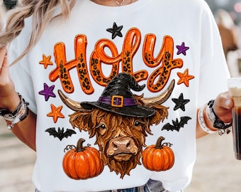 Witchy Halloween Holy Cow PNG, Trendy PNG, Funny Highland Cow PNG, Catch Phrase Png for Sublimation, Digital Download