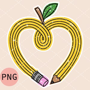Pu&ograve; includere: Una matita gialla a forma di cuore con una foglia verde in cima. La matita ha una gomma rosa e una punta marrone. Il cuore &egrave; contornato di nero.