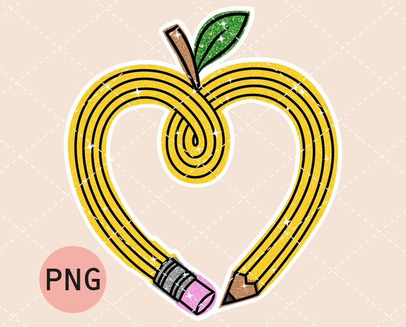 Pu&ograve; includere: Una matita gialla a forma di cuore con una foglia verde in cima. La matita ha una gomma rosa e una punta marrone. Il cuore &egrave; contornato di nero.