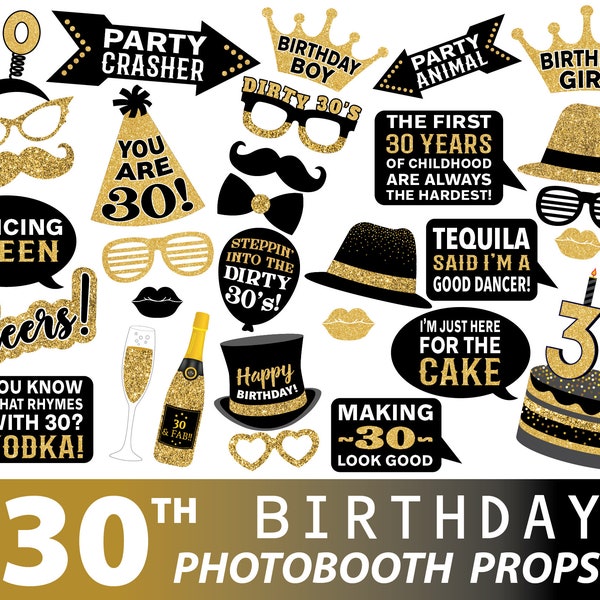 30th Birthday photo booth props, black gold photography props for birthday, digital download, instant download, photography, birthday party
