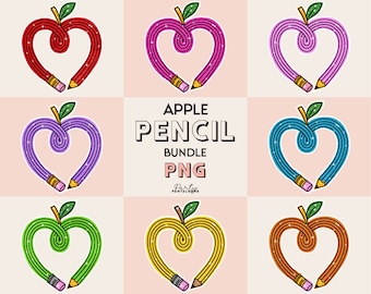 Pacote de imagens PNG de maçã e lápis, ideal para professores, com fundo de glitter falso.
