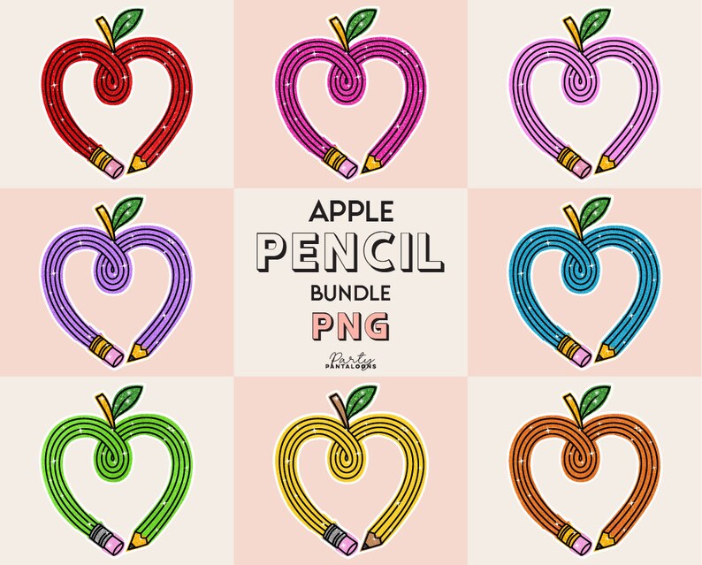 Apple PNG and Pencil PNG Bundle, for Teachers, With Faux Glitter ...
