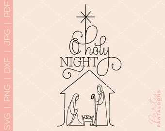 May include: A black and white line drawing of a nativity scene with the text "O Holy Night" above the figures. The scene depicts Mary kneeling beside a manger with a star above the roof of the stable.