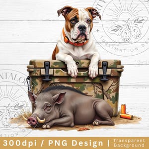 Hunting Dog Cooler PNG, Hunter Camo American Bulldog PNG, Summer Outdoor Camping Sublimation Design