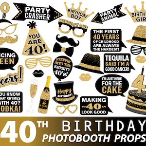 Adereços de cabine fotográfica de 40 anos, adereços de fotografia em ouro preto para aniversário, download digital, download instantâneo, fotografia, festa de aniversário