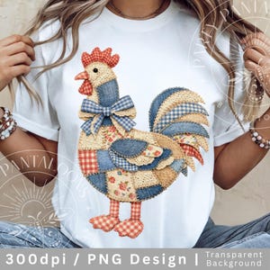 May include: White t-shirt featuring a patchwork rooster design. The rooster is made of various fabrics, including denim, floral, and gingham patterns, with a blue bow tie. The design includes the text "300dpi / PNG Design | Transparent Background".