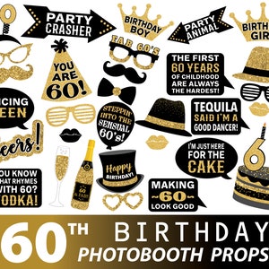 May include: A set of 20 gold and black photo booth props for a 60th birthday party. The props include a variety of fun and festive designs, such as a party animal, a party crasher, a dancing queen, a birthday boy, a birthday girl, and a cake. The props are perfect for adding some fun and excitement to your 60th birthday celebration.