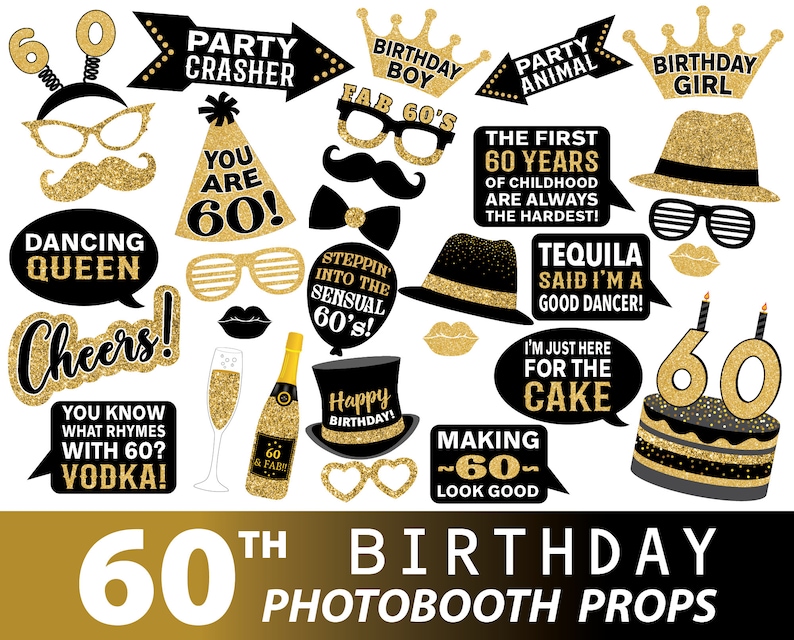 Puede incluir: Un conjunto de 20 accesorios de cabina de fotos dorados y negros para una fiesta de cumplea&ntilde;os n&uacute;mero 60. Los accesorios incluyen una variedad de dise&ntilde;os divertidos y festivos, como un animal de fiesta, un arruinador de fiestas, una reina del baile, un ni&ntilde;o de cumplea&ntilde;os, una ni&ntilde;a de cumplea&ntilde;os y un pastel. Los accesorios son perfectos para agregar algo de diversi&oacute;n y emoci&oacute;n a tu celebraci&oacute;n de cumplea&ntilde;os n&uacute;mero 60.