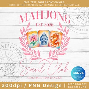 May include: Pink and white Mahjong Social Club design with watercolor illustrations of Mahjong tiles. The design includes the text "MAHJONG EST. 2026" and "Social Club". The design is available as a 300dpi PNG file.