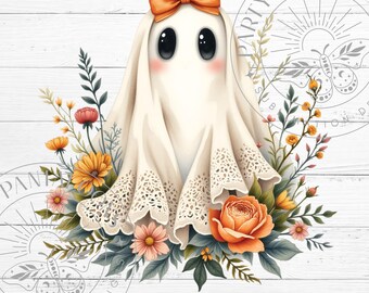 May include: A whimsical illustration of a friendly ghost wearing an orange bow and surrounded by flowers. The ghost is draped in a white sheet with a lace trim. The flowers include orange roses, yellow daisies, and pink blossoms, creating a cheerful Halloween design.