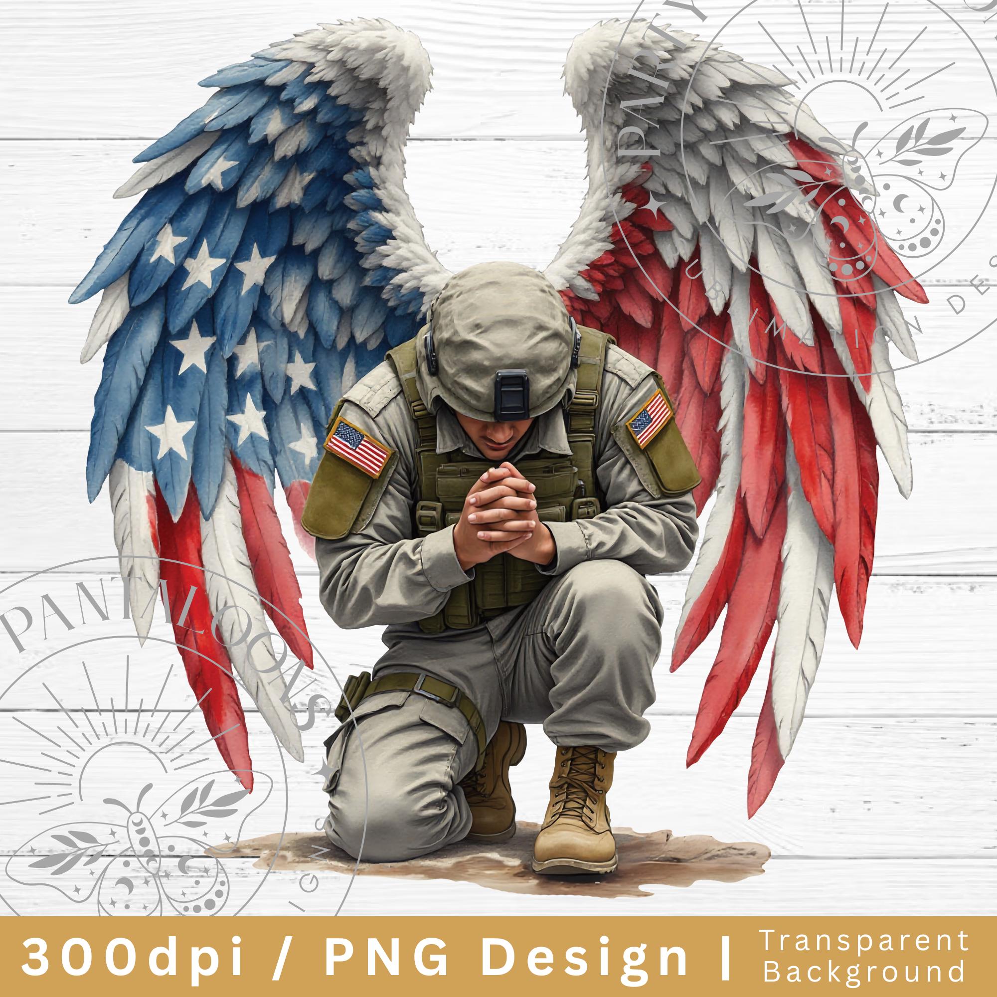 Kneeling Hispanic Soldier with angel wings, military png, us soldier, angel wings clipart, Digital Download
