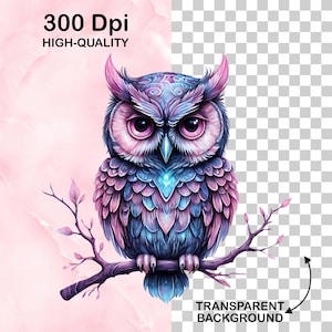 May include: A detailed illustration of an owl with pink, blue, and purple hues, perched on a branch. The owl has large, pink eyes and is set against a pink watercolor background. Text reads "300 DPI HIGH-QUALITY" and "TRANSPARENT BACKGROUND."