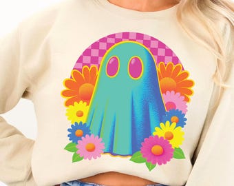 Trendy Neon Floral Retro Ghost Halloween Png, Spooky Boo Ghost Coquette Sublimation Design Png, Preppy Halloween Png, Spooky Vibes Png