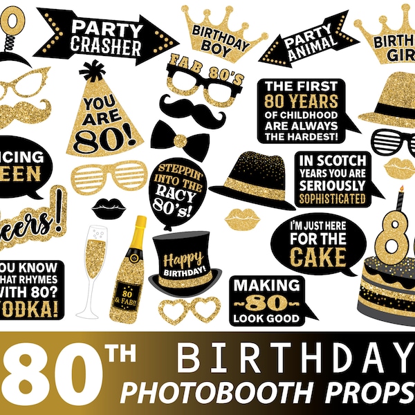 80th Birthday photo booth props, black gold photography props for birthday, digital download, instant download, photography, birthday party