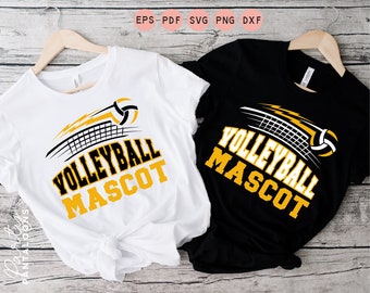 May include: White and black t-shirts with a volleyball design. The shirts feature a volleyball, net, and the words "VOLLEYBALL MASCOT" in yellow and black. The design includes the text "EPS-PDF SVG PNG DXF".