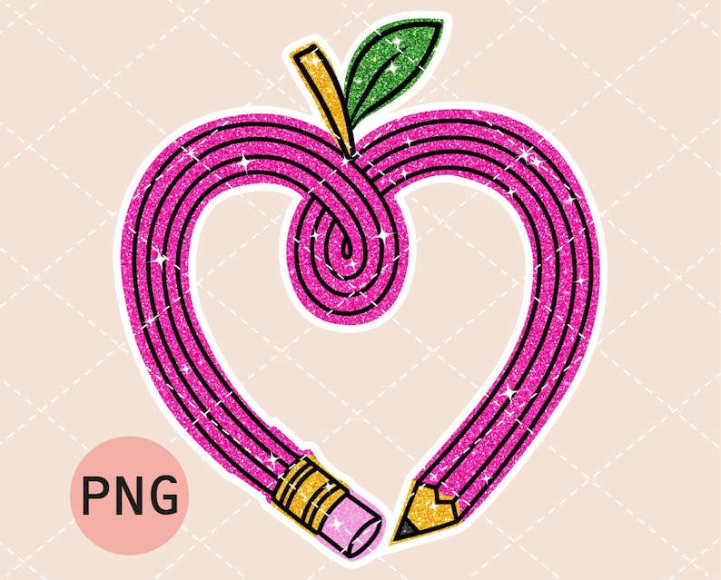 Pu&ograve; includere: Una matita rosa glitterata a forma di cuore con una foglia verde in cima. La matita ha una gomma dorata e una punta dorata.