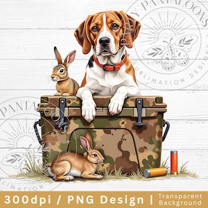 Hunting Dog Cooler PNG, Hunter Camo Beagle PNG, Summer Outdoor Camping Sublimation Design