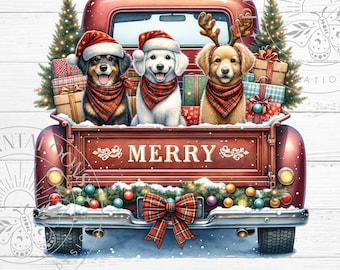 Kleine rode vrachtwagen kerst png, kerst vrachtwagen hond png voor sublimatie, schattige kersthonden, kerst retro vrachtwagen digitale download