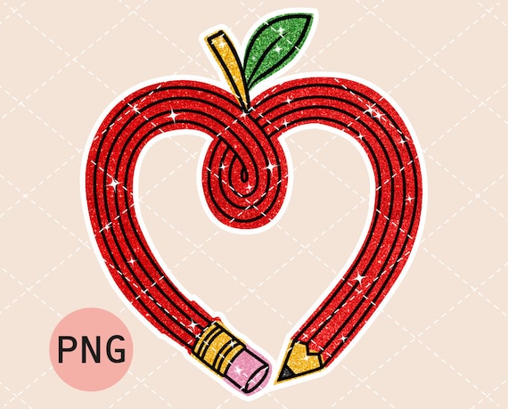 Apple pencil PNG with faux glitter background, teacher png, apple clipart, apple png, pencil png, teacher clipart, back to school png