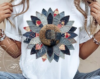 Patchwork Sunflower PNG, Americana Sublimation Digital Download, America Shabby Chic Shirt Cottagecore Design, Trendy Png