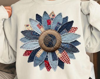 Patchwork Sunflower PNG, Americana Sublimation Digital Download, America Shabby Chic Shirt Cottagecore Design, Trendy Png