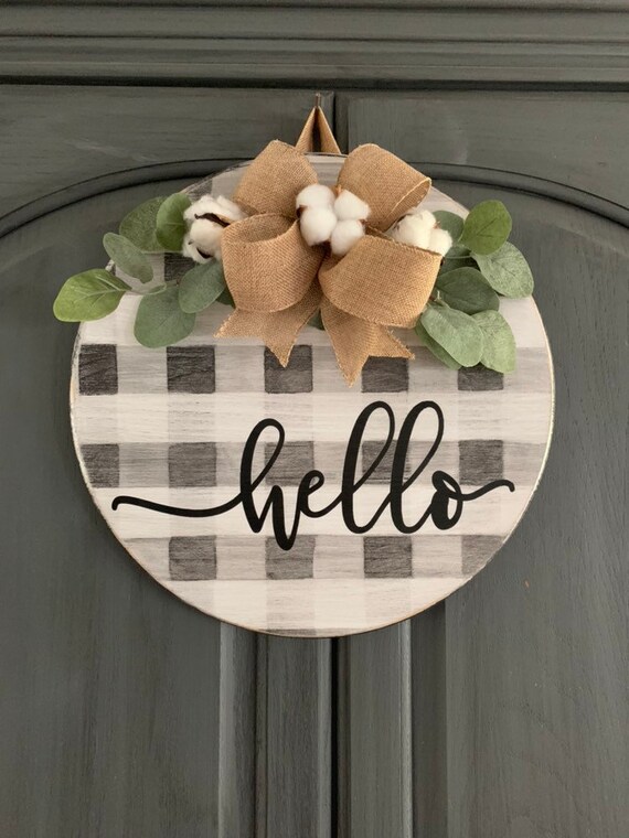 Welcome door hangerwreath gift fall door hanger year around wreath buffalo plaid