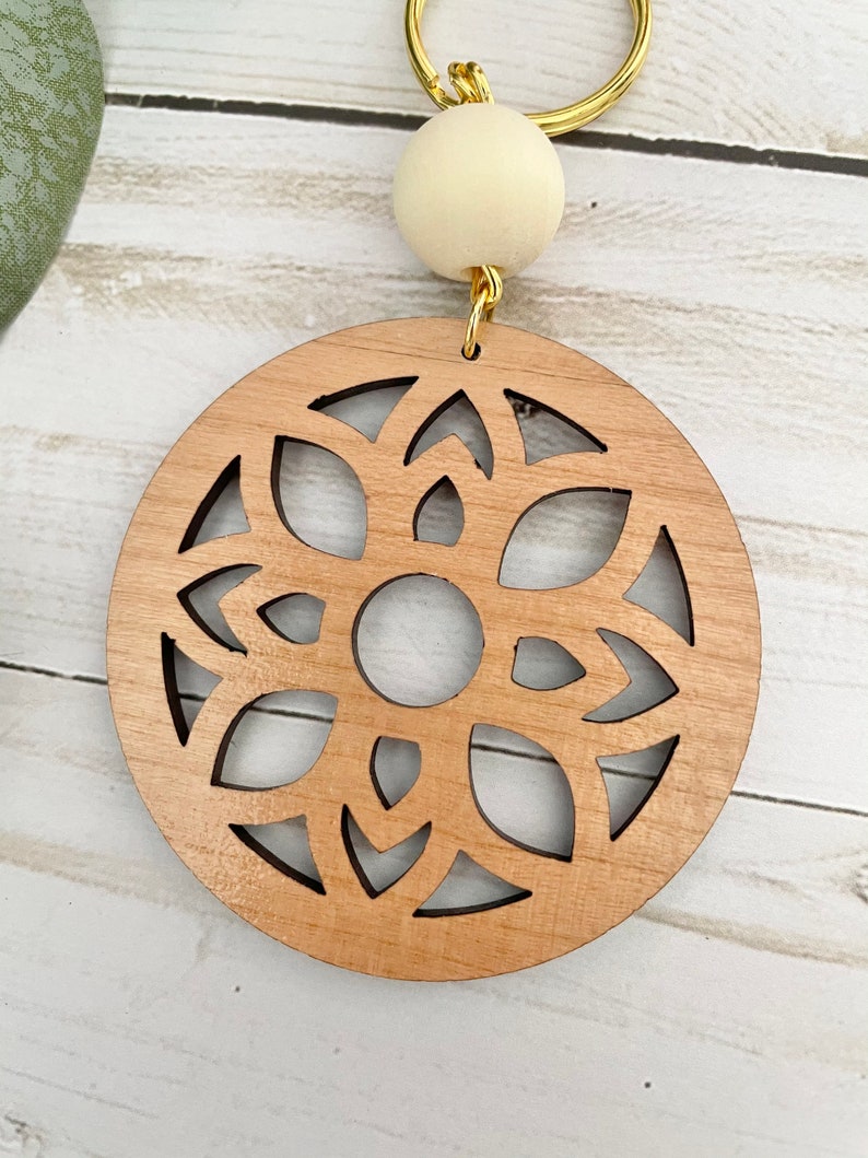 Medallion Keychain Laser Cut Keychain Boho Wood Keychain Natural Keyring Floral Wood Key Fob