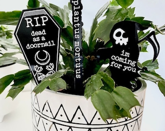 Black Thumb Plant Sign Set| Funny Scary Plant Marker| Dead Halloween Decor | Grim Reaper | RIP Coffin