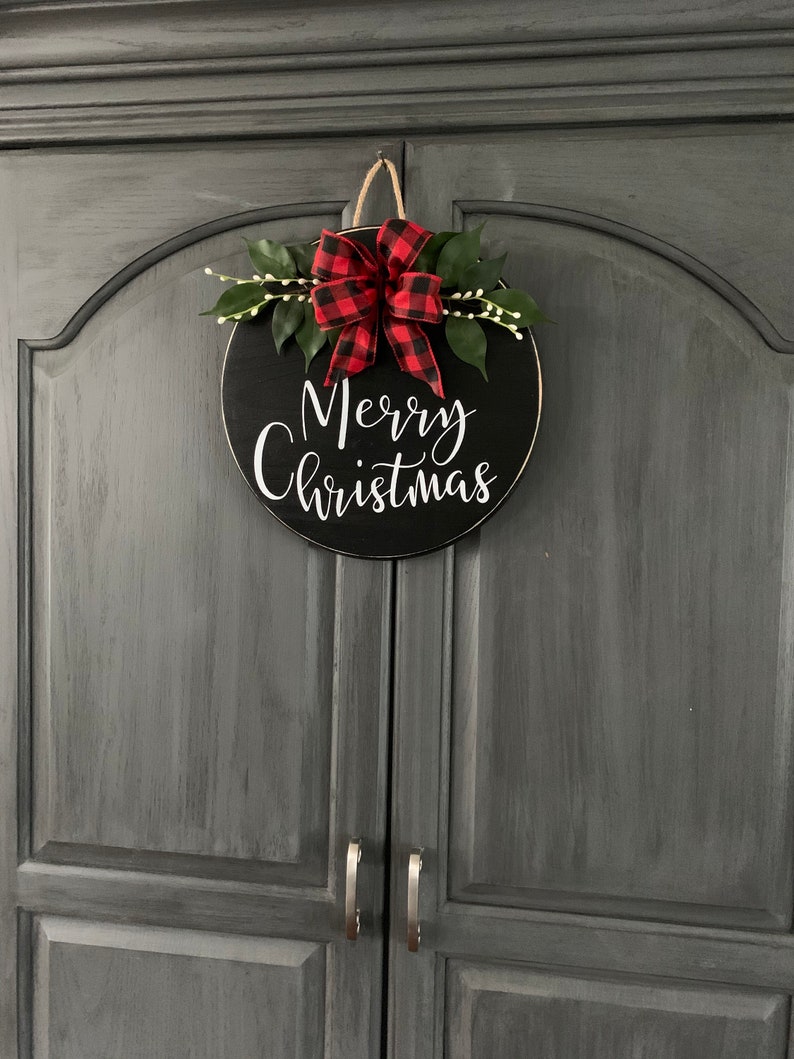 Merry Christmas Door Hanger Buffalo Plaid Sign Holiday Door Etsy