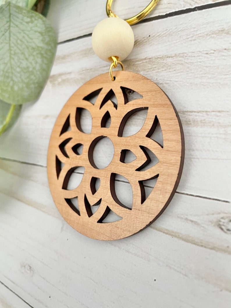 Medallion Keychain Laser Cut Keychain Boho Wood Keychain Natural Keyring Floral Wood Key Fob