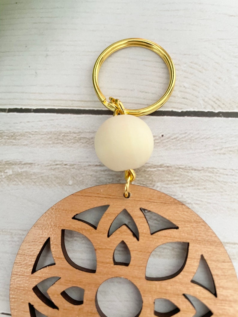 Medallion Keychain Laser Cut Keychain Boho Wood Keychain Natural Keyring Floral Wood Key Fob