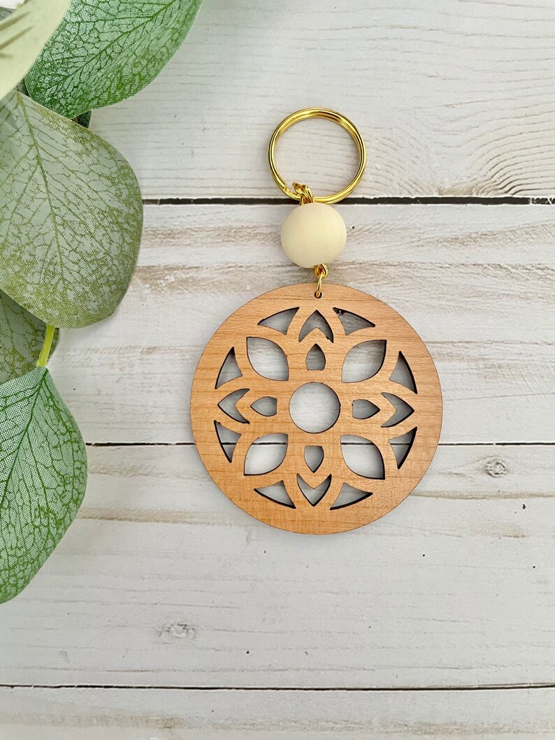 Medallion Keychain Laser Cut Keychain Boho Wood Keychain Natural Keyring Floral Wood Key Fob
