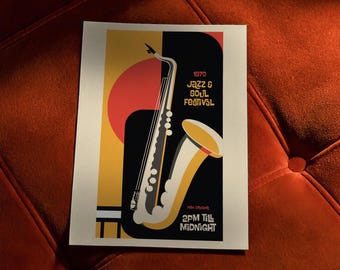Vintage Jazz Festival Poster, New Orleans Saxophone Print, Retro Music Wall Art