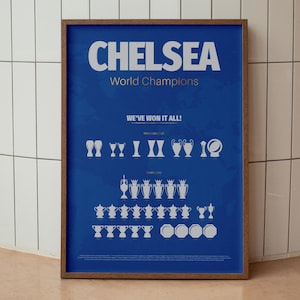 May include: A framed blue poster with the word "CHELSEA" in white, above "World Champions." Below, the text "WE'VE WON IT ALL!" is displayed, along with illustrations of trophies. The poster is in a brown wooden frame.