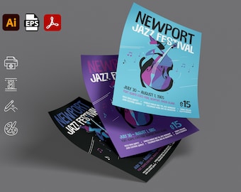 Retro Jazz Festival Flyer Template: Editable A5 Music Event Design (EPS & AI File)