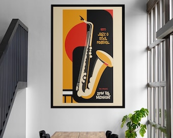 Vintage Jazz Festival Poster, New Orleans Saxophone Print, Retro Music Wall Art
