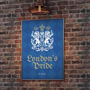 May include: A rectangular wall poster featuring a blue checkered background with a white heraldic emblem of two lions and three crowns. The text London's Pride is printed in gold, with the letters C.F.C. positioned in smaller font at the bottom.