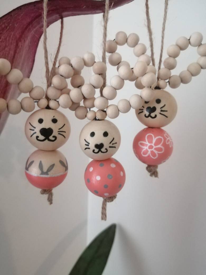 Lapins de Pâques, Lapins Bois, Ornements à Suspendre, Décoration Perles Fête Pâques