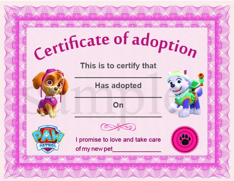 Paw Patrol Adoption Certificate printable Digital | Etsy