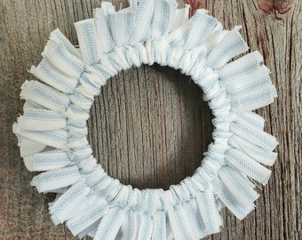 Mini Weathered Blue and White Ticking Stripe Rag Wreath Jute Hanger Hand Crafted Wide Mouth Canning Jar Ring