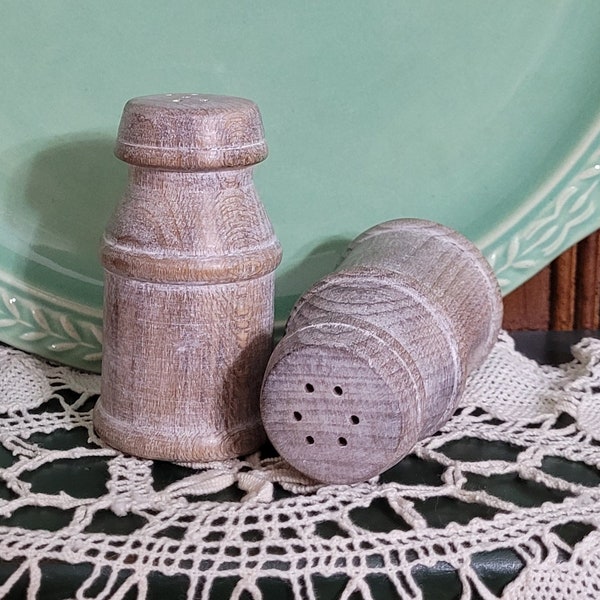 Milk Can Salt and Pepper Shakers Vintage Turned Wood Pickled Finish White Wax Rustic Farmhouse
