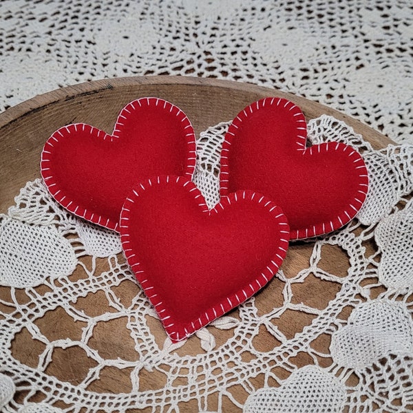 Set of 3 Upcycled Wool Fabric Hearts Hand Cut and Sewn Ornaments Bowl Fillers Shelf Tucks